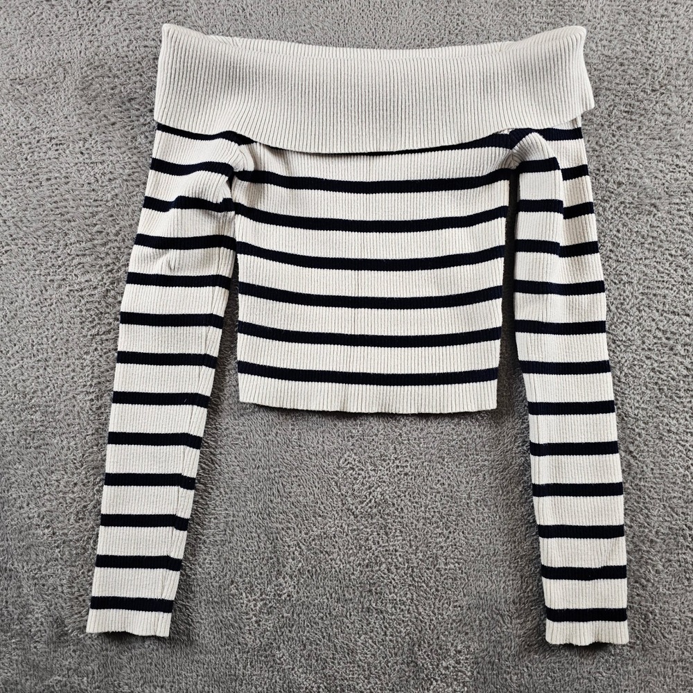 Edikted Womens Off The Shoulder Striped Ribbed Knit Crop Top Cream Navy S